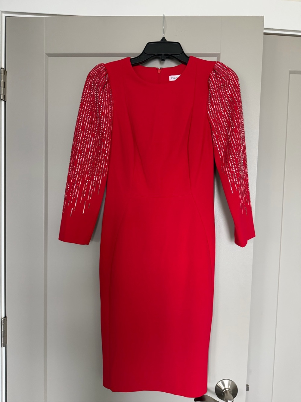 Calvin Klein Red Long Sleeve Sheath Dress with Beaded Sleeves